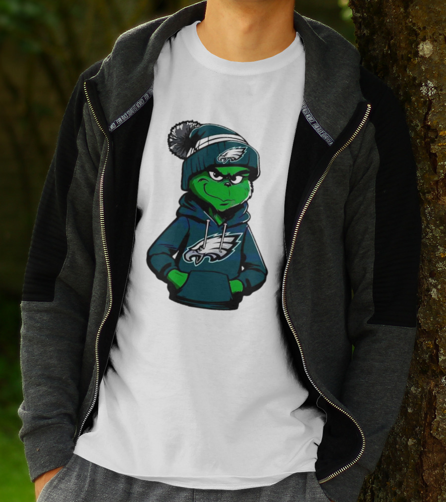 Grinch Dressed In Philadelphia Eagles Hoodie And Hat T-Shirt