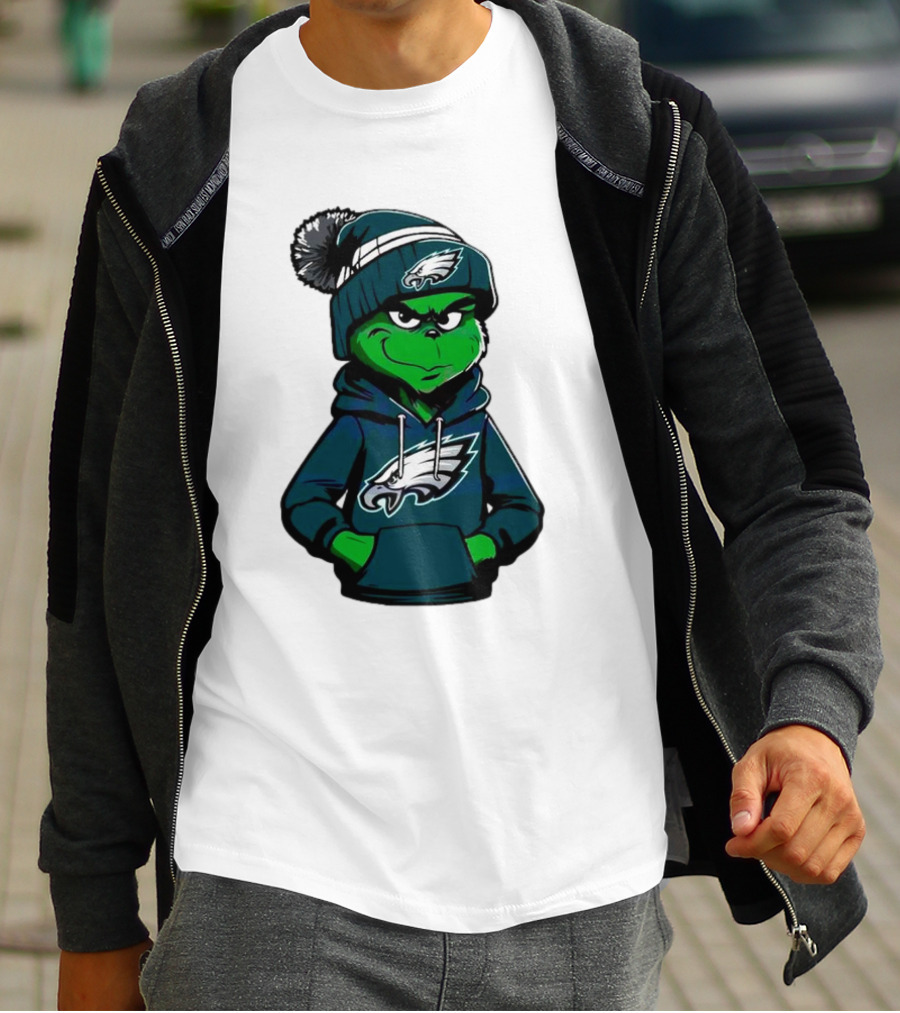 Grinch Dressed In Philadelphia Eagles Hoodie And Hat T-Shirt