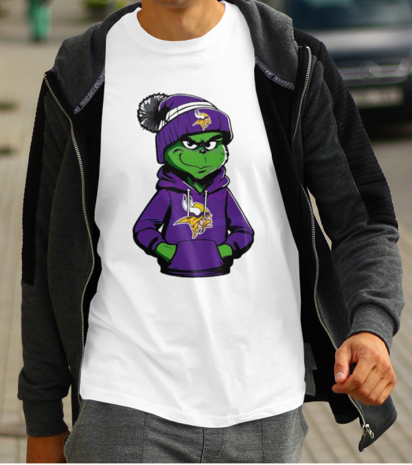 Grinch In Minnesota Vikings Hoodie And Hat With Team T-Shirt
