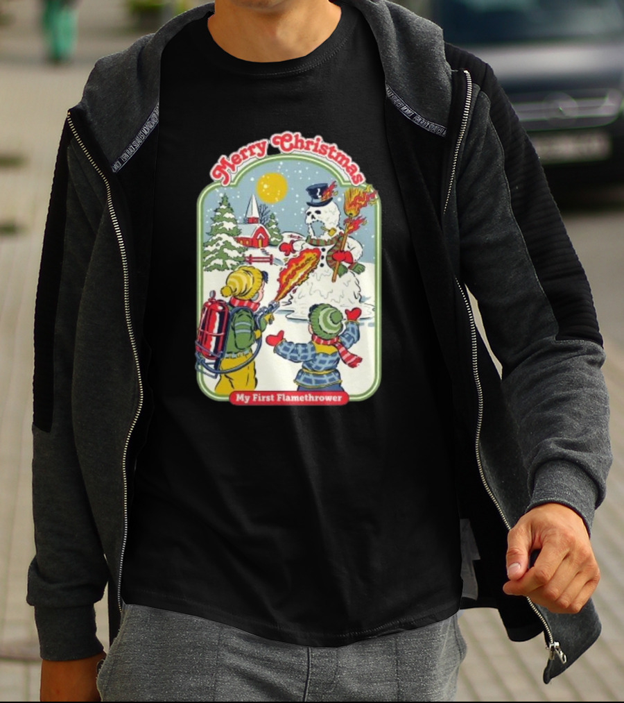 Merry Christmas My First Flamethrower Vintage Snowman Scene T-Shirt
