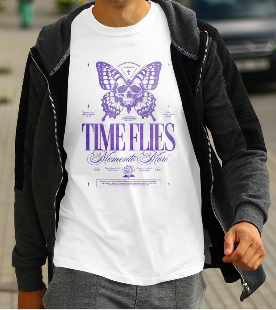 TIME FLIES Memento Mori Butterfly Skull T-Shirt
