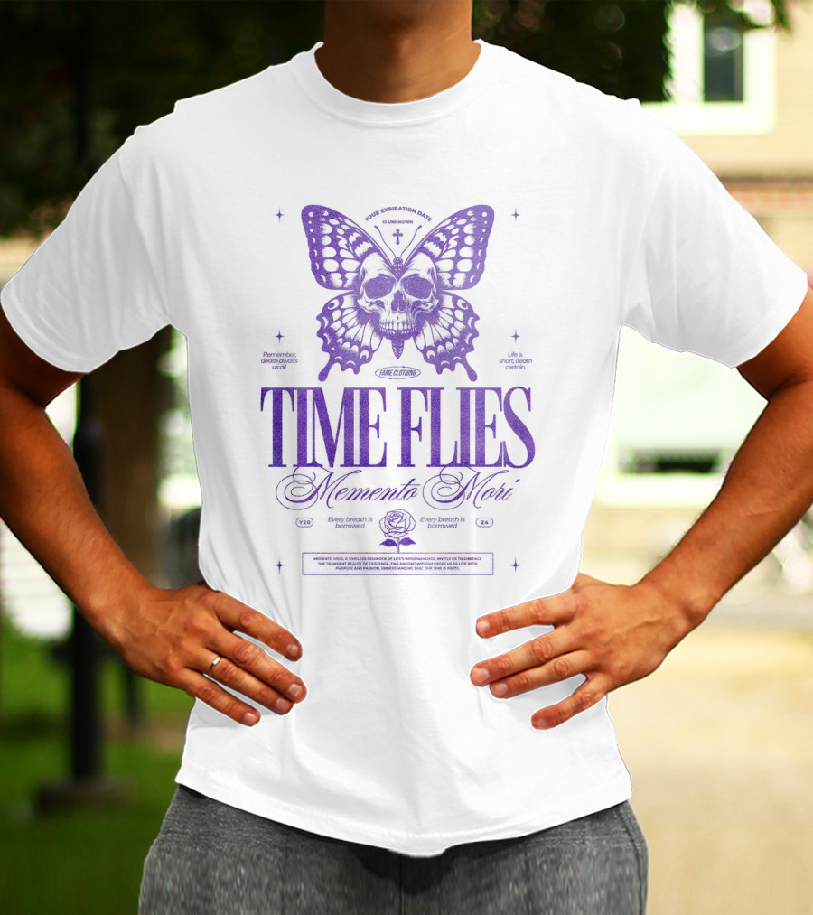 TIME FLIES Memento Mori Butterfly Skull T-Shirt