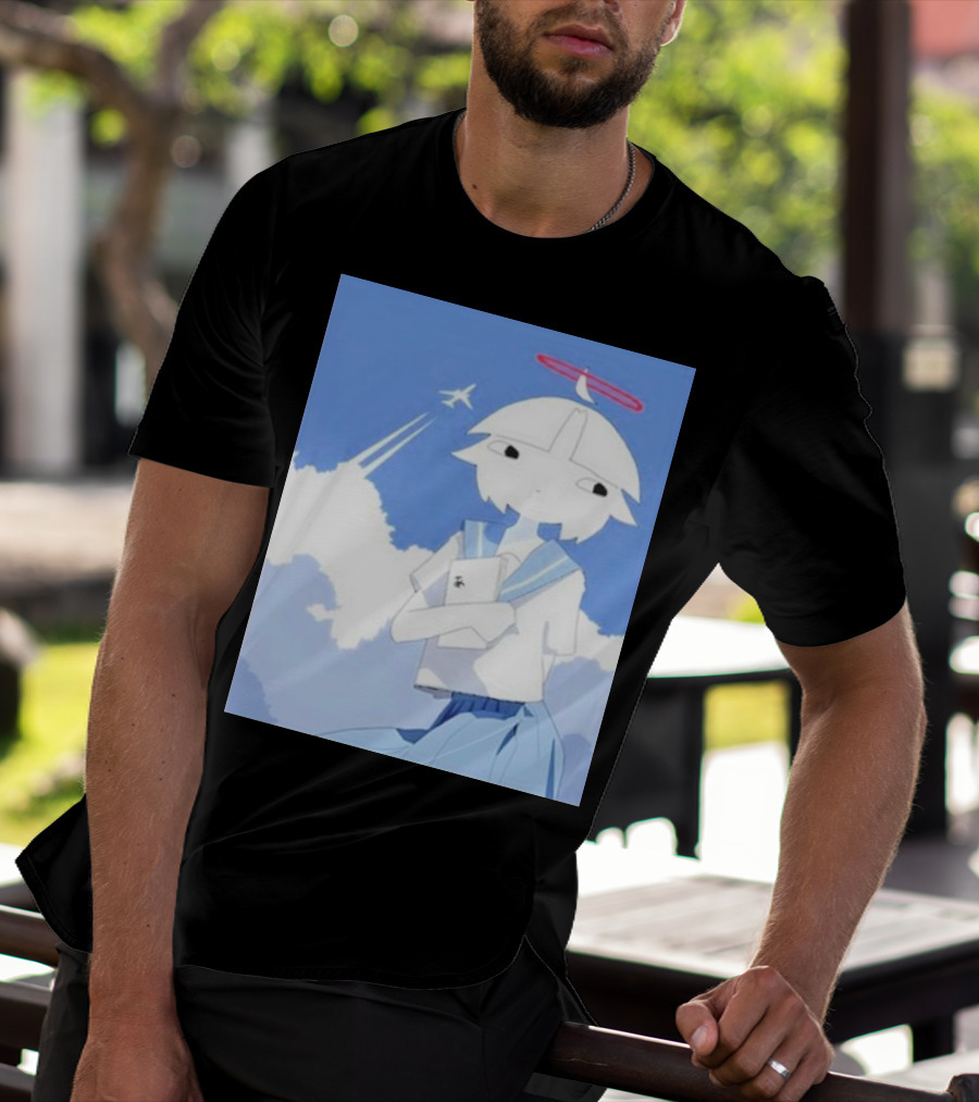 Chew’s District Clowdy Angelic Character Holding Notebook In Blue Sky With Airplane T-Shirt
