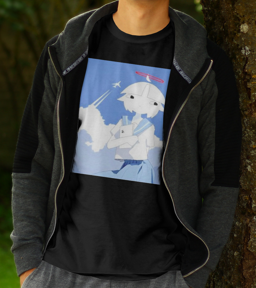 Chew’s District Clowdy Angelic Character Holding Notebook In Blue Sky With Airplane T-Shirt