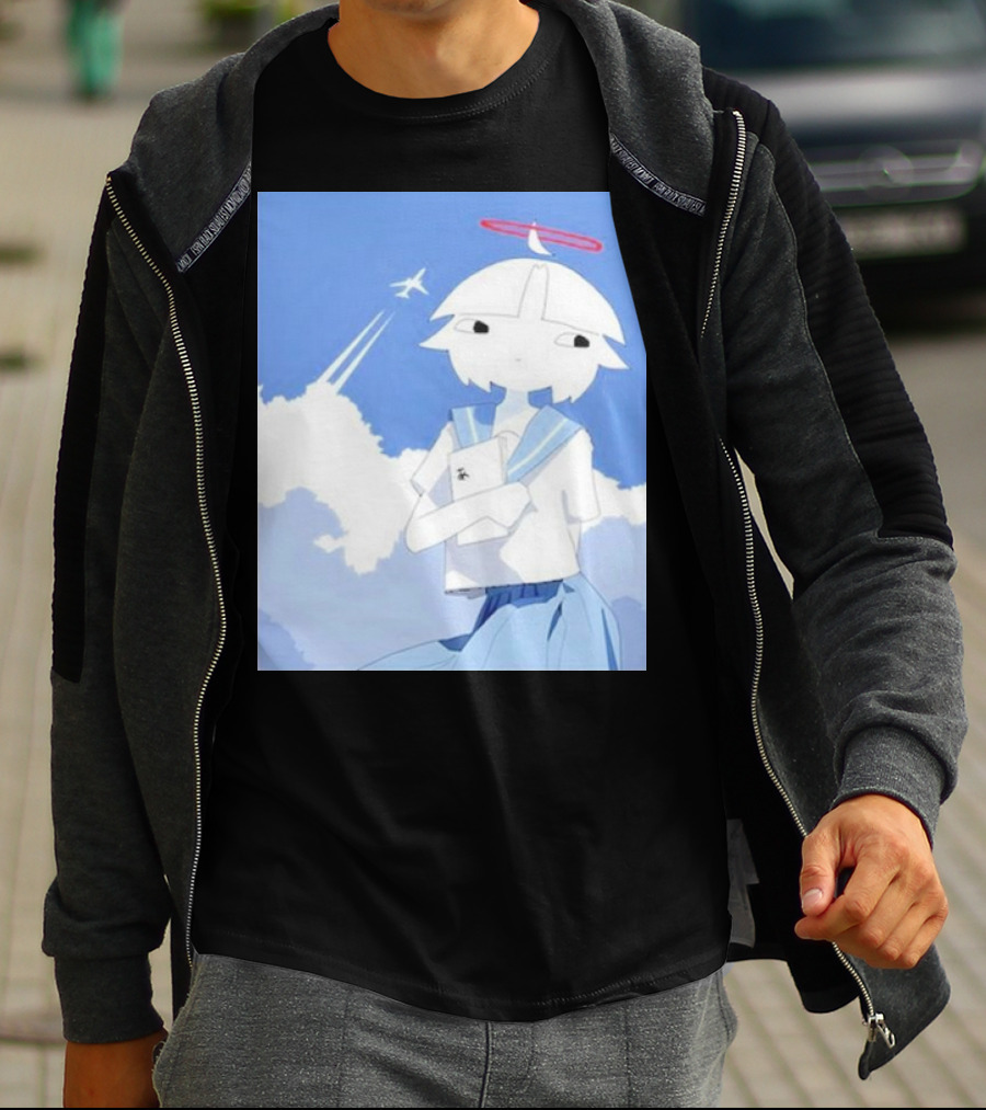 Chew’s District Clowdy Angelic Character Holding Notebook In Blue Sky With Airplane T-Shirt