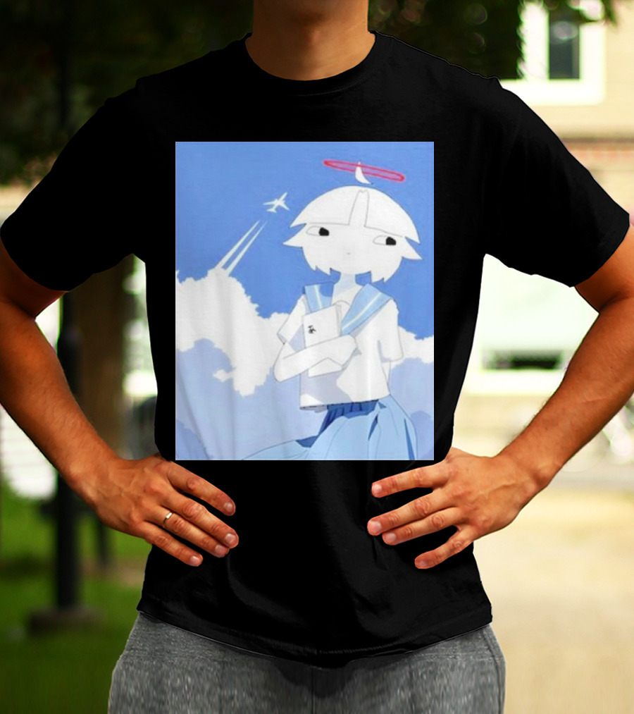 Chew’s District Clowdy Angelic Character Holding Notebook In Blue Sky With Airplane T-Shirt