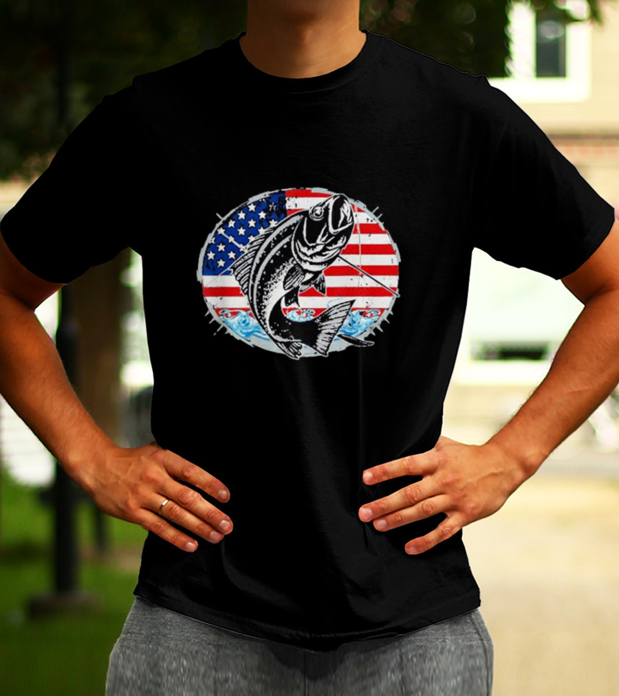 Fishing Lovers American Flag Bass Catch Waves Patriotic T-Shirt