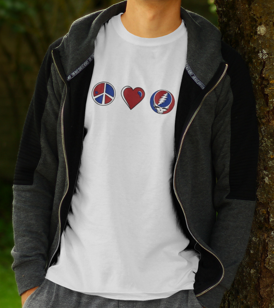 Love Peace Grateful Dead Skull Red And Blue Icons T-Shirt