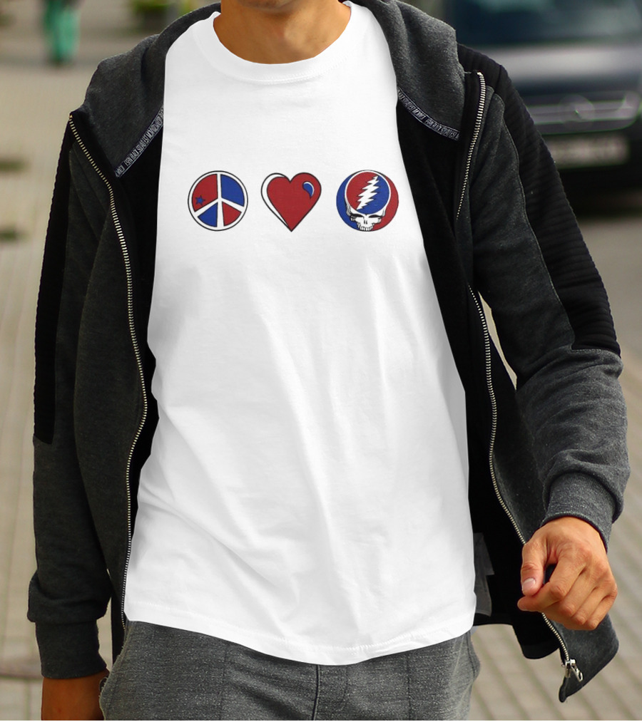 Love Peace Grateful Dead Skull Red And Blue Icons T-Shirt