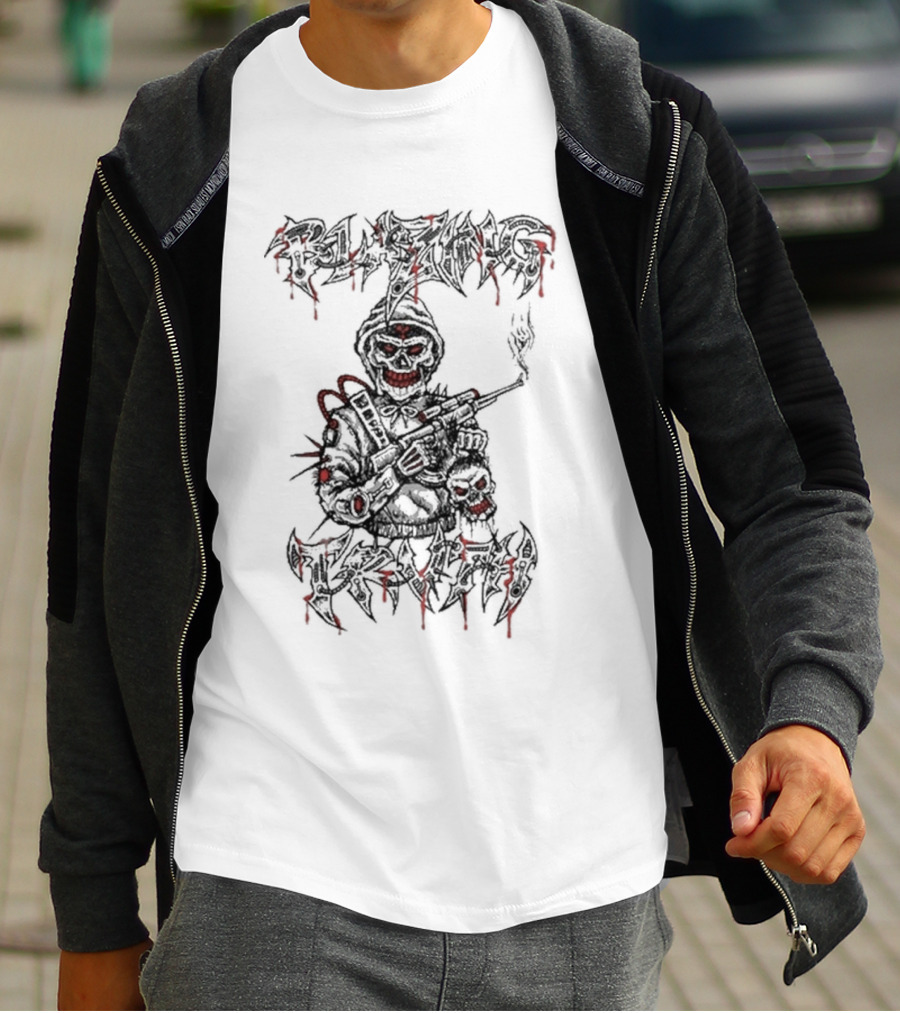 Blazing Truth Horror Skull Soldier With Rifle And Dripping Red Accents T-Shirt
