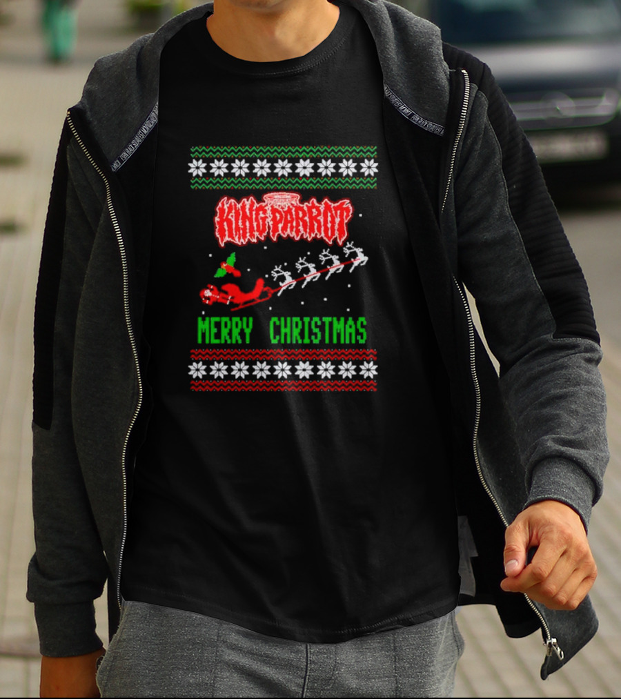 King Parrot Merry Christmas Ugly Sweater Rudolf Reindeer Sleigh Snowflakes T-Shirt