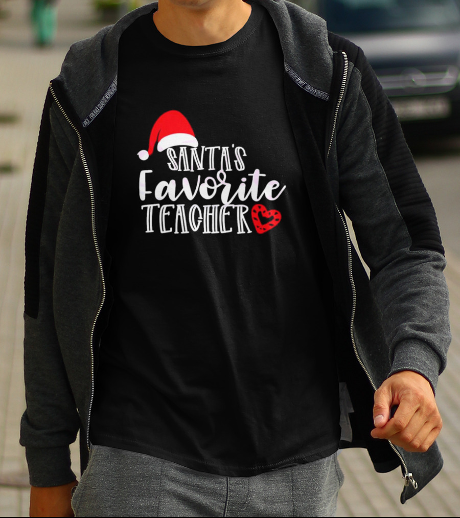 Santa's Favorite Teacher Christmas Red Heart Santa Hat T-Shirt