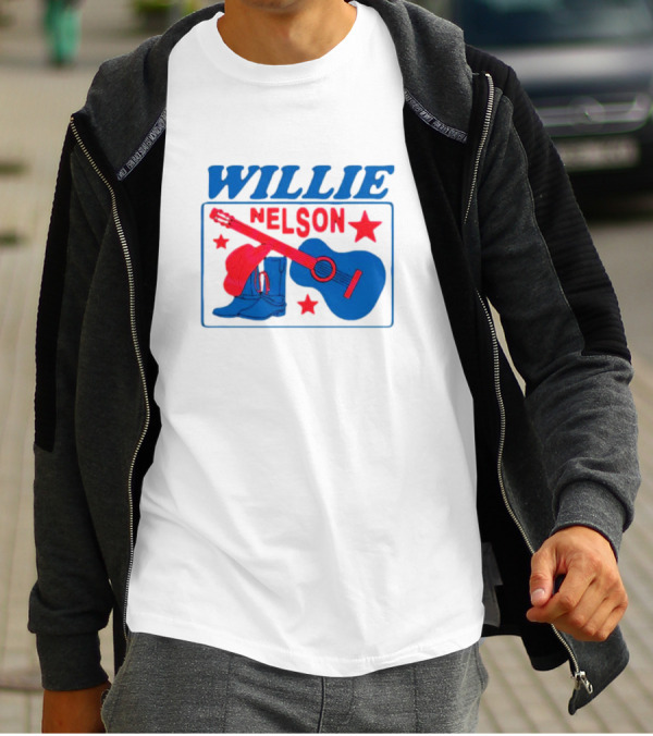 WILLIE NELSON Guitar Cowboy Boots Hat Stars T-Shirt