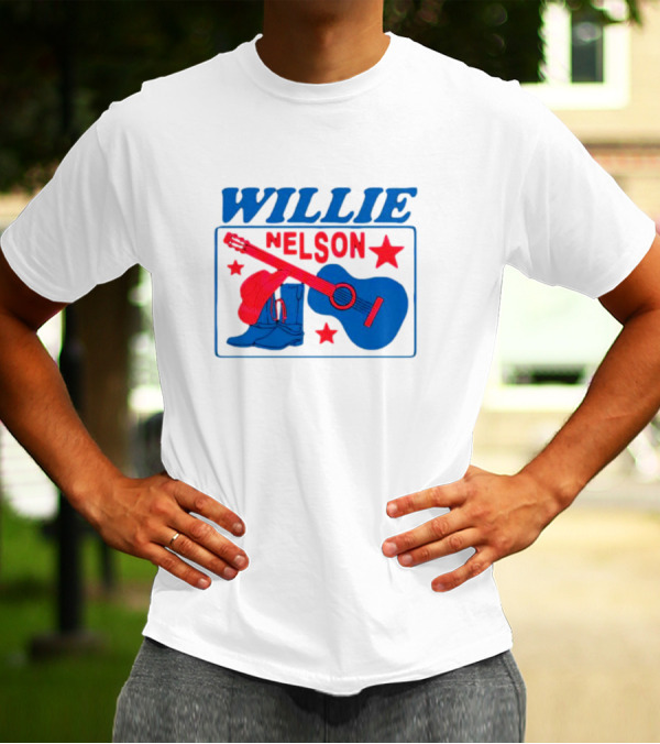 WILLIE NELSON Guitar Cowboy Boots Hat Stars T-Shirt