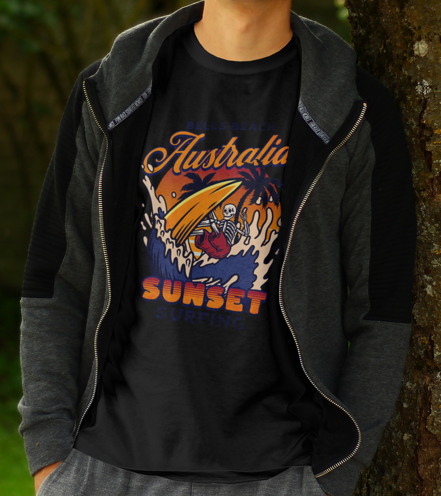Bells Beach Australia Sunset Surfing Skeleton On Wave With Palm Trees T-Shirt