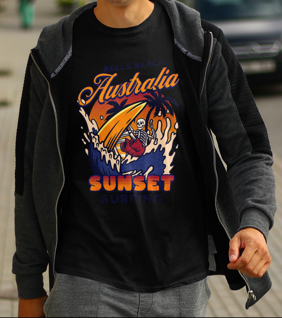 Bells Beach Australia Sunset Surfing Skeleton On Wave With Palm Trees T-Shirt