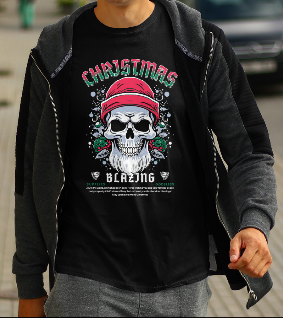 CHAJISMIS Blazing Skull Joy To The World Merry Christmas T-Shirt