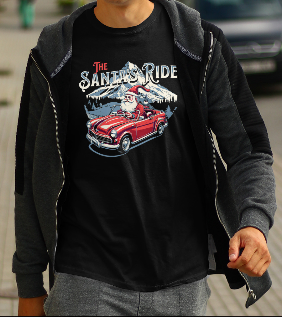 The Santa's Ride With Classic Red Convertible In Winter Mountain Scene T-Shirt