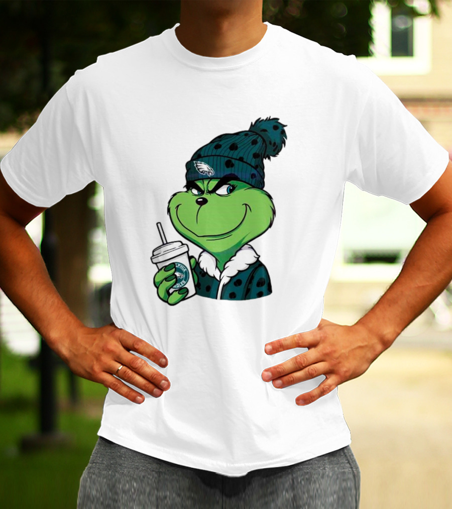 Grinch Holding Cup Wearing Philadelphia Eagles Beanie T-Shirt