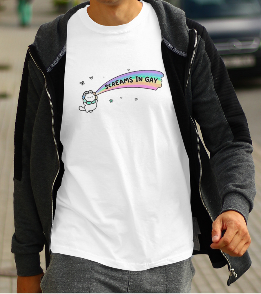 Screams In Gay Cat With Rainbow Trail And Hearts T-Shirt