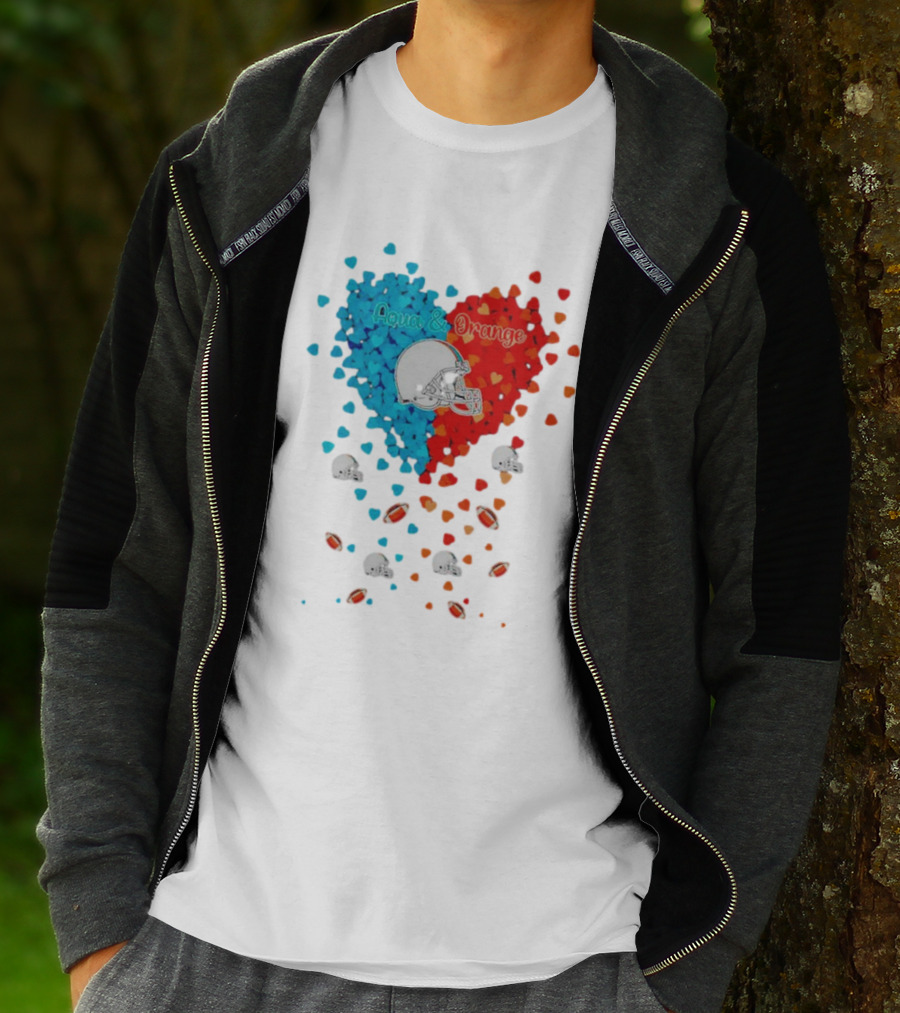 Miami Dolphins Aqua And Orange Heart With Football Helmets And Hearts T-Shirt