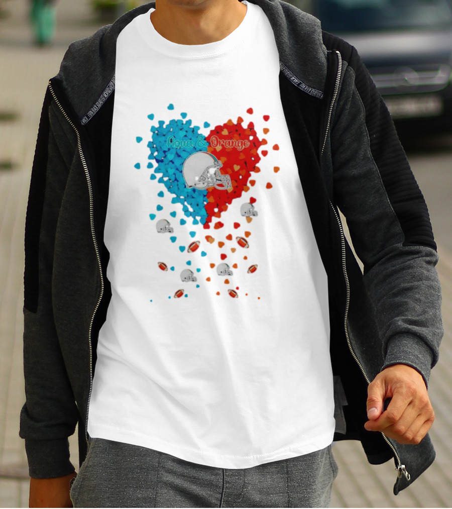 Miami Dolphins Aqua And Orange Heart With Football Helmets And Hearts T-Shirt