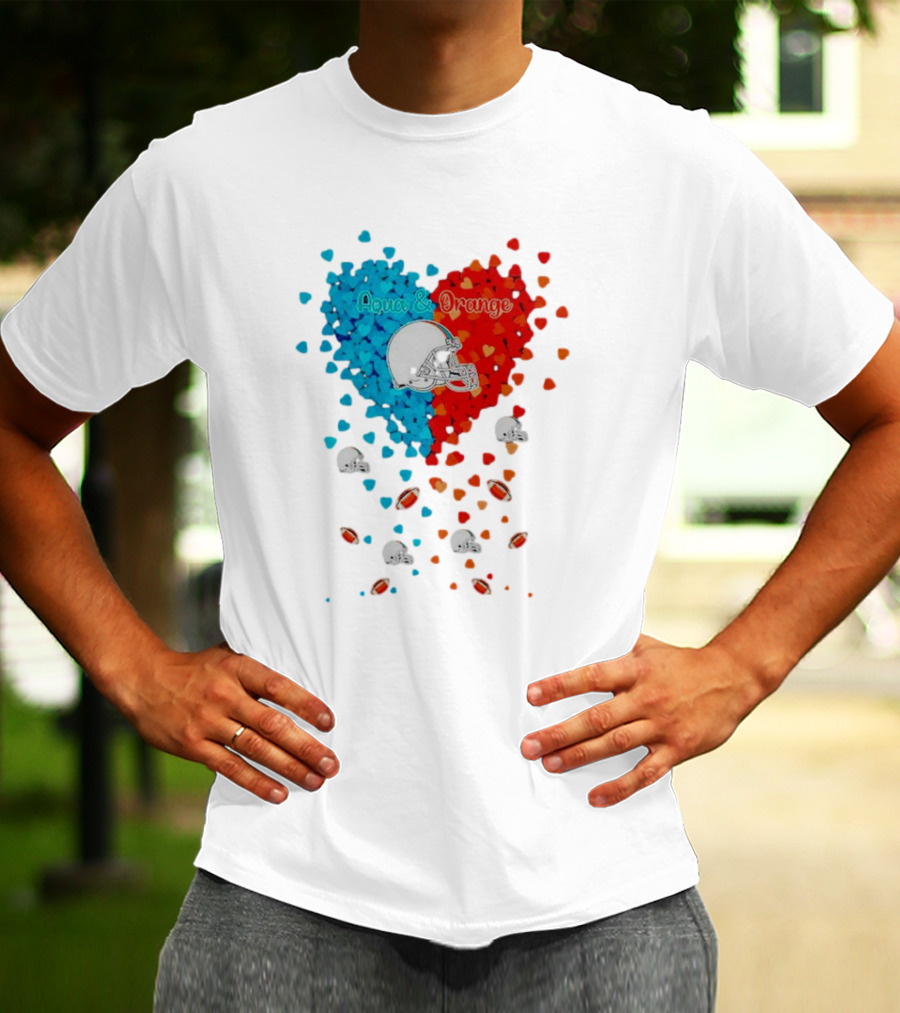 Miami Dolphins Aqua And Orange Heart With Football Helmets And Hearts T-Shirt