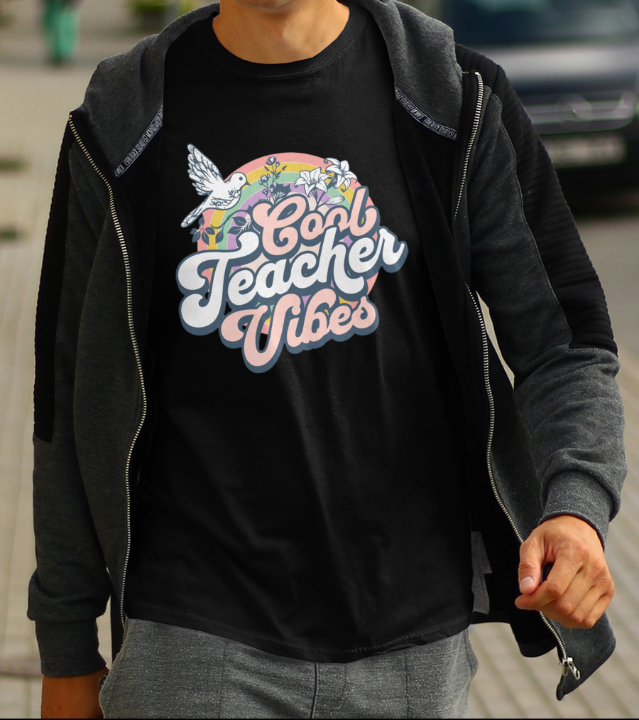 Cool Teacher Vibes Retro Rainbow Floral Design With Dove T-Shirt