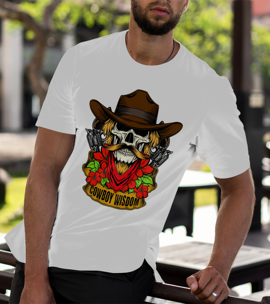 Cowboy Wisdom Skull Western Skeleton Bandana Pistols Flowers T-Shirt