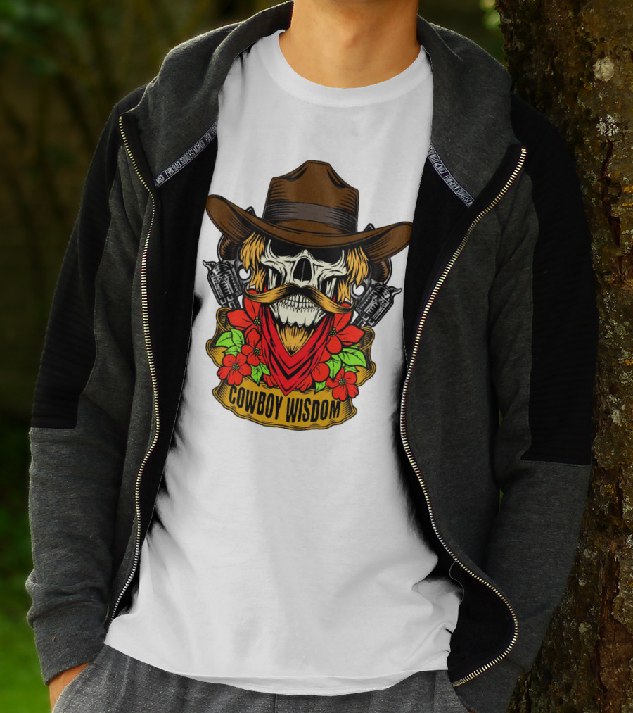 Cowboy Wisdom Skull Western Skeleton Bandana Pistols Flowers T-Shirt