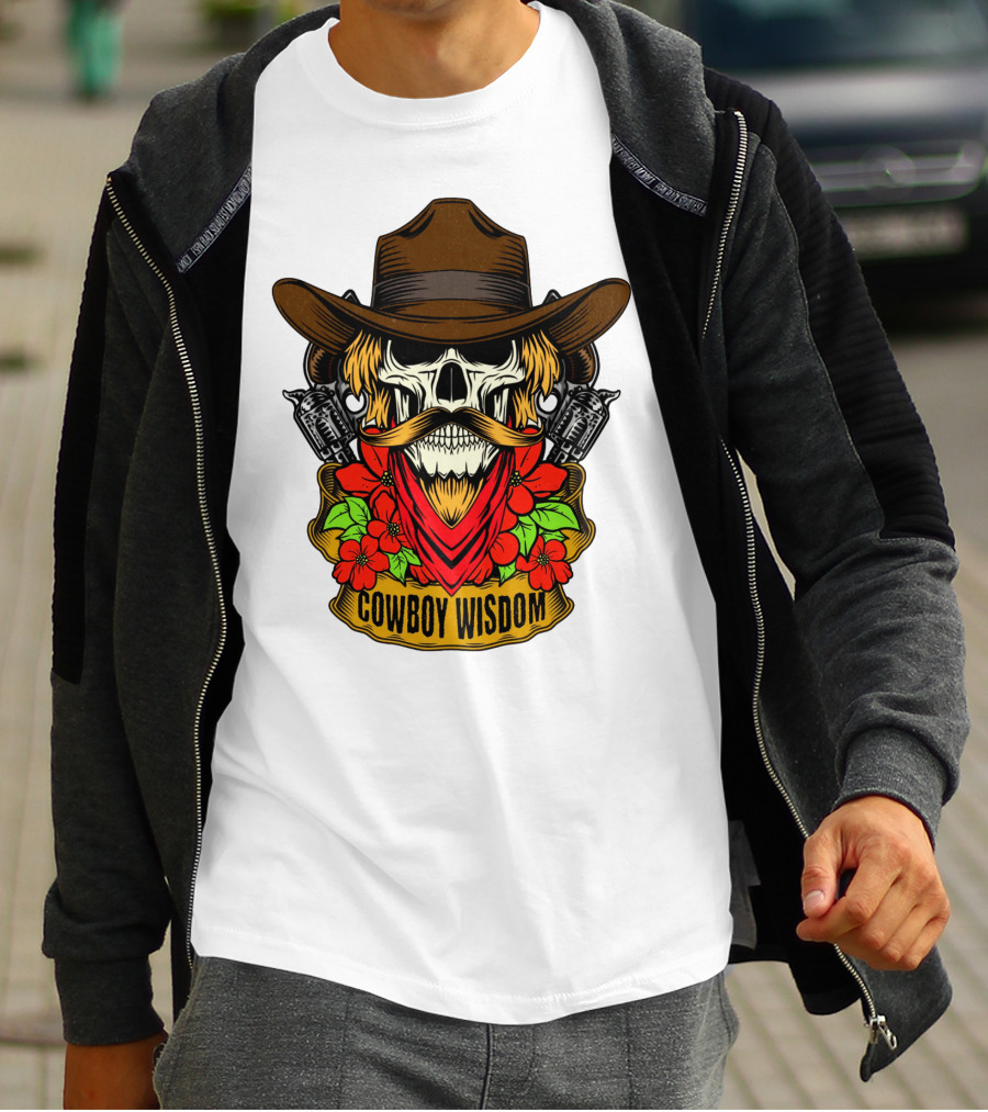 Cowboy Wisdom Skull Western Skeleton Bandana Pistols Flowers T-Shirt