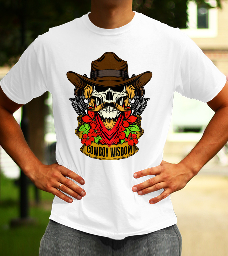 Cowboy Wisdom Skull Western Skeleton Bandana Pistols Flowers T-Shirt