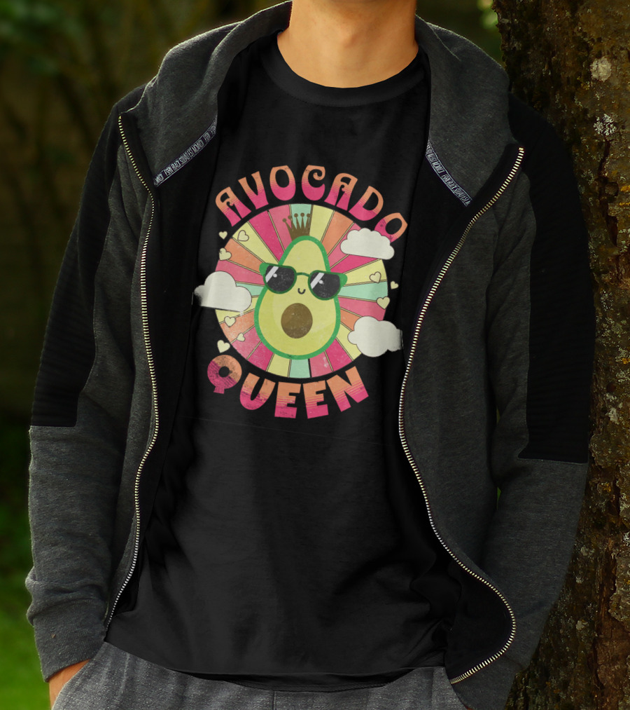Kawaii Avocado Queen Retro Rainbow Sunburst With Clouds And Sunglasses T-Shirt