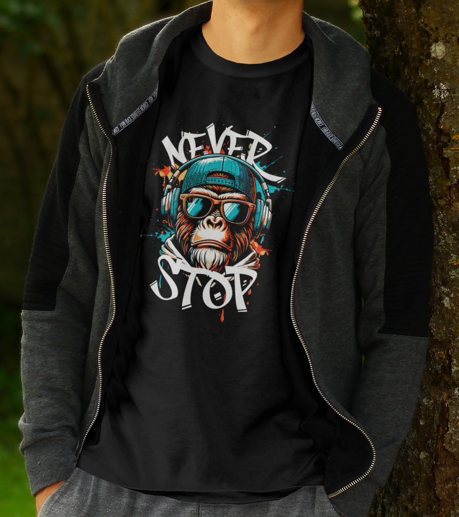 Never Stop Headphones Monkey With Sunglasses And Cap T-Shirt