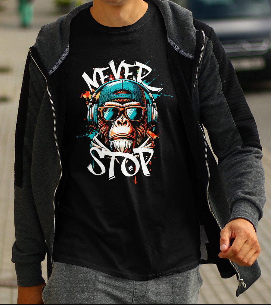 Never Stop Headphones Monkey With Sunglasses And Cap T-Shirt
