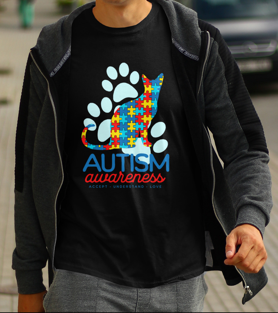 Autism Awareness Accept Understand Love Puzzle Cat Paw T-Shirt