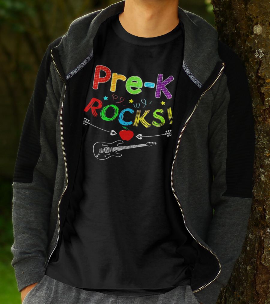 Pre-K Rocks Funny Kids Teachers Back To School With Guitar And Apple T-Shirt