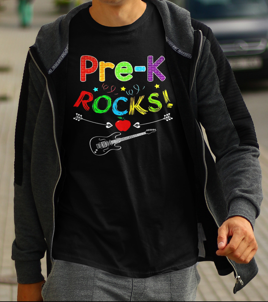Pre-K Rocks Funny Kids Teachers Back To School With Guitar And Apple T-Shirt