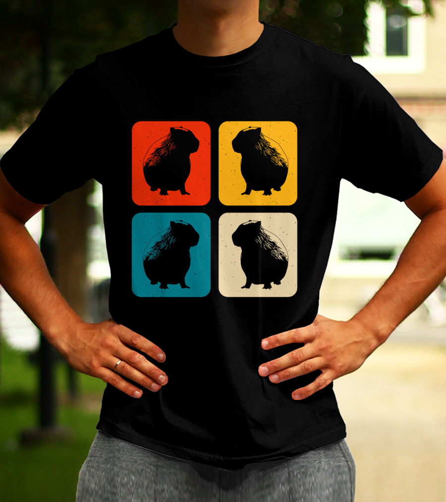 Vintage Capybara Pop Art Silhouette Four Colors Squares T-Shirt