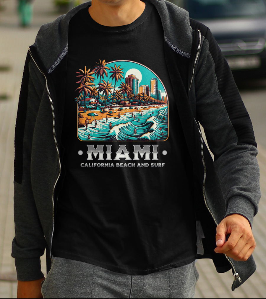 Miami Beach And Surf California Palm Skyline Ocean Waves T-Shirt
