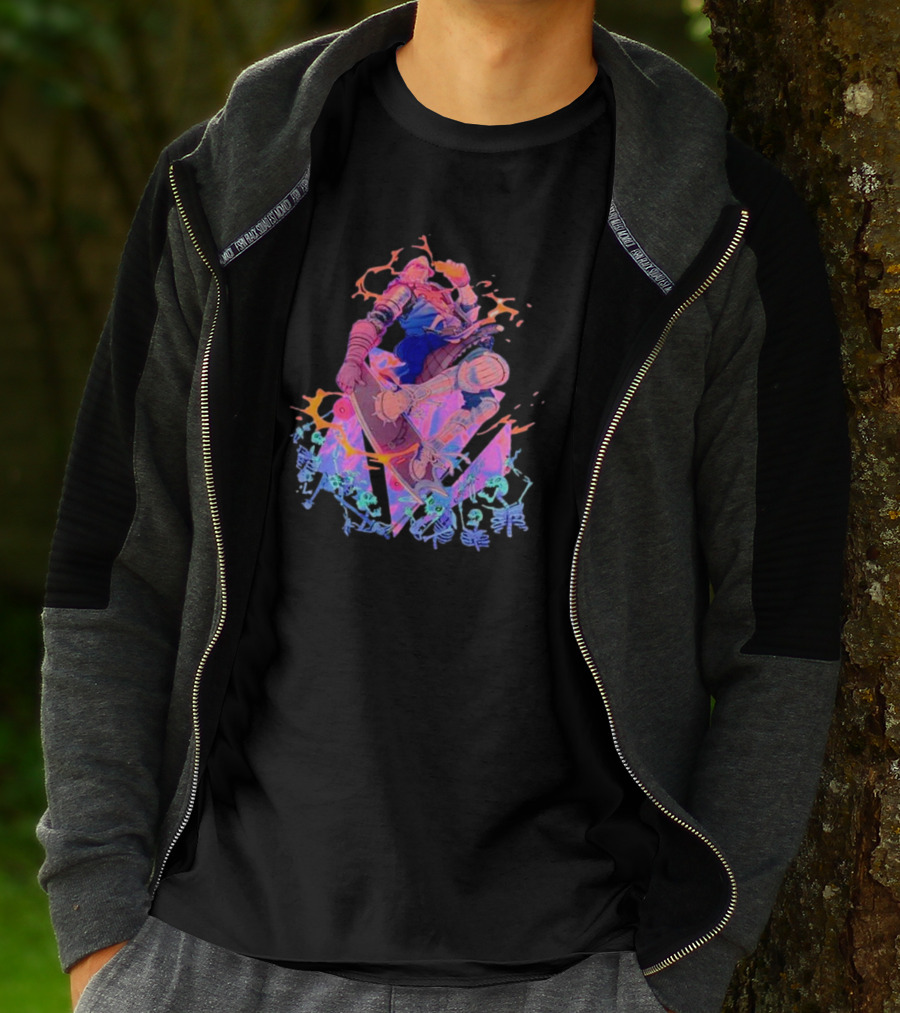 Skateboard Knight Neon Fantasy Warrior On Shredding Skeletons T-Shirt