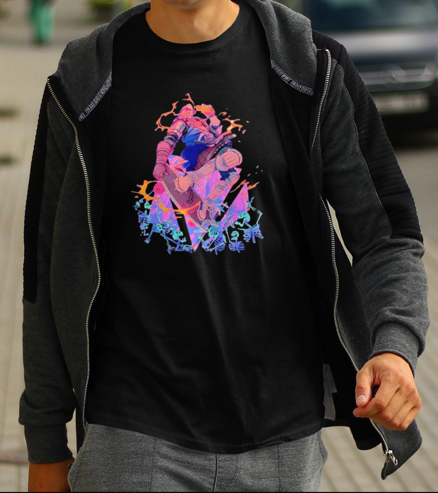 Skateboard Knight Neon Fantasy Warrior On Shredding Skeletons T-Shirt