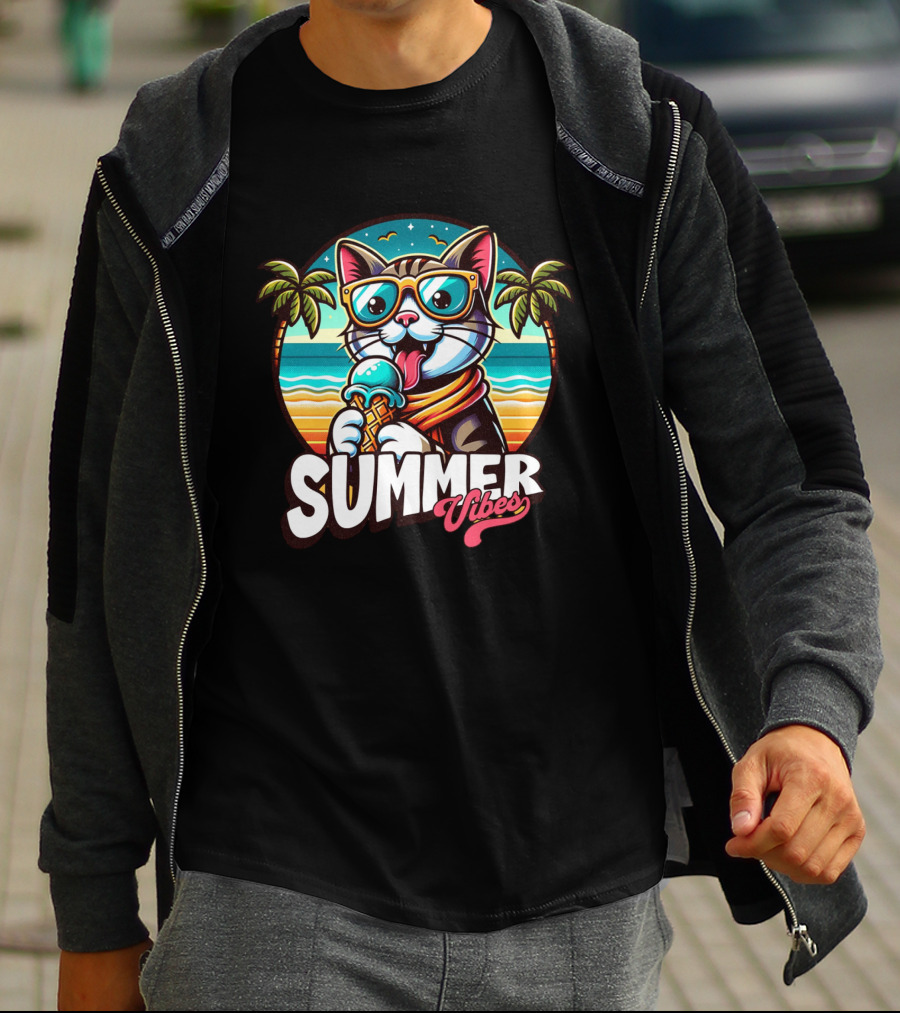 Summer Vibes Cat With Sunglasses And Ice Cream Ocean Sunset Palms T-Shirt