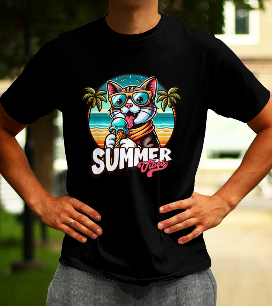 Summer Vibes Cat With Sunglasses And Ice Cream Ocean Sunset Palms T-Shirt
