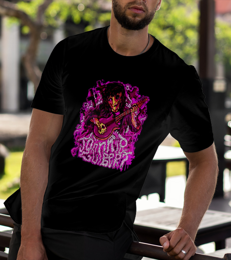 Zombie Johnnie Guilbert Playing Guitar With Purple Light And Crosses Background T-Shirt