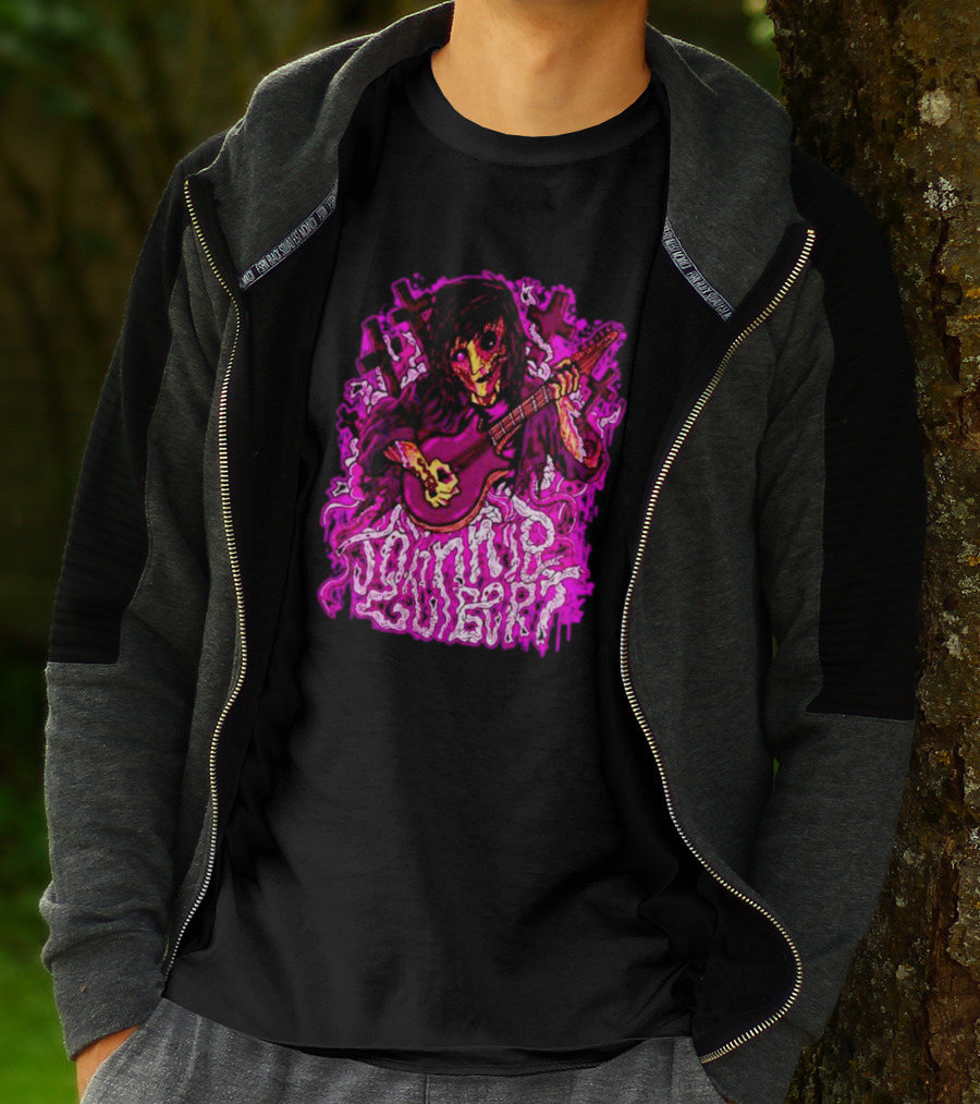 Zombie Johnnie Guilbert Playing Guitar With Purple Light And Crosses Background T-Shirt
