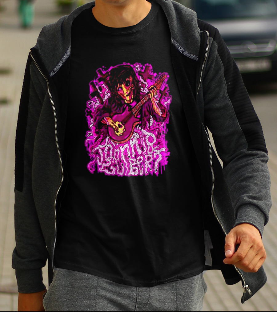 Zombie Johnnie Guilbert Playing Guitar With Purple Light And Crosses Background T-Shirt