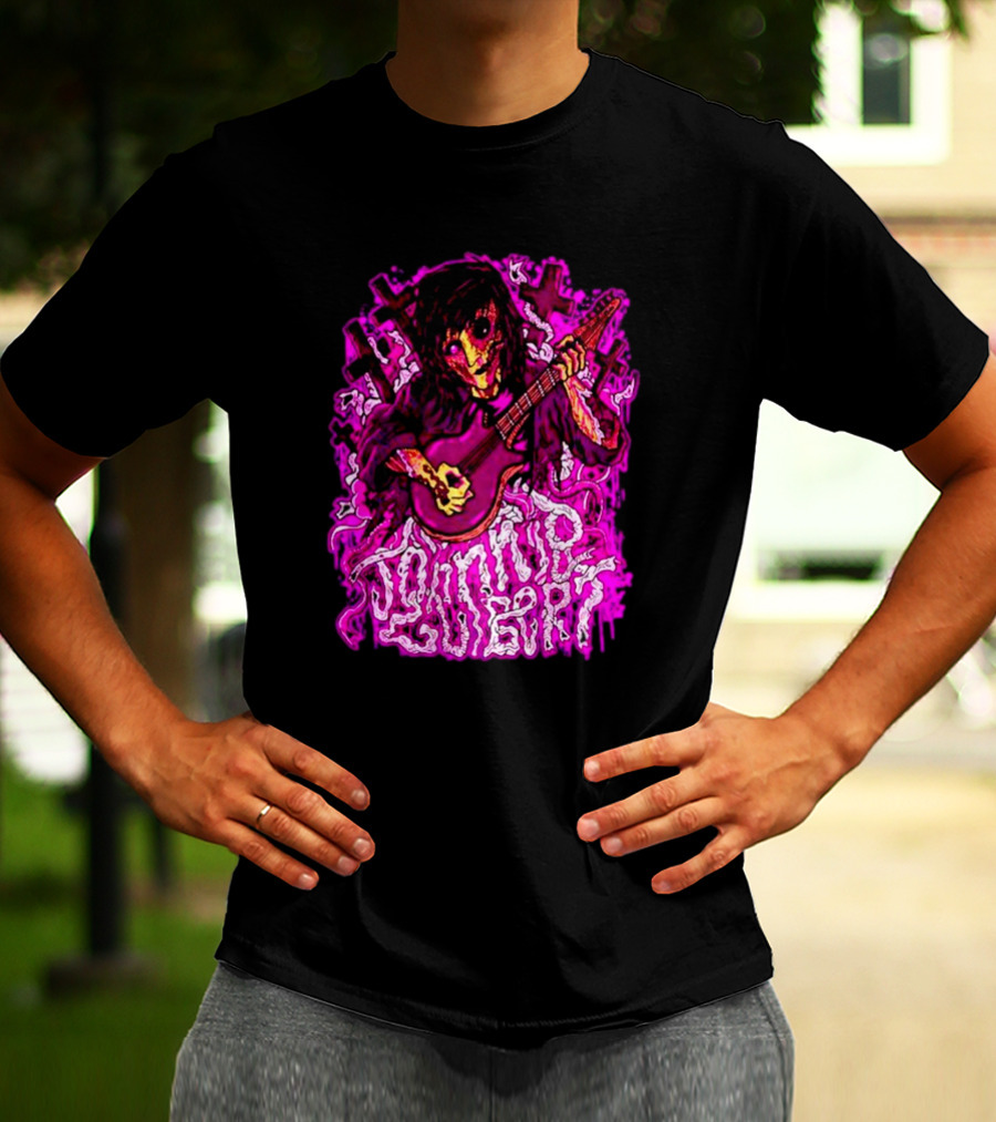 Zombie Johnnie Guilbert Playing Guitar With Purple Light And Crosses Background T-Shirt