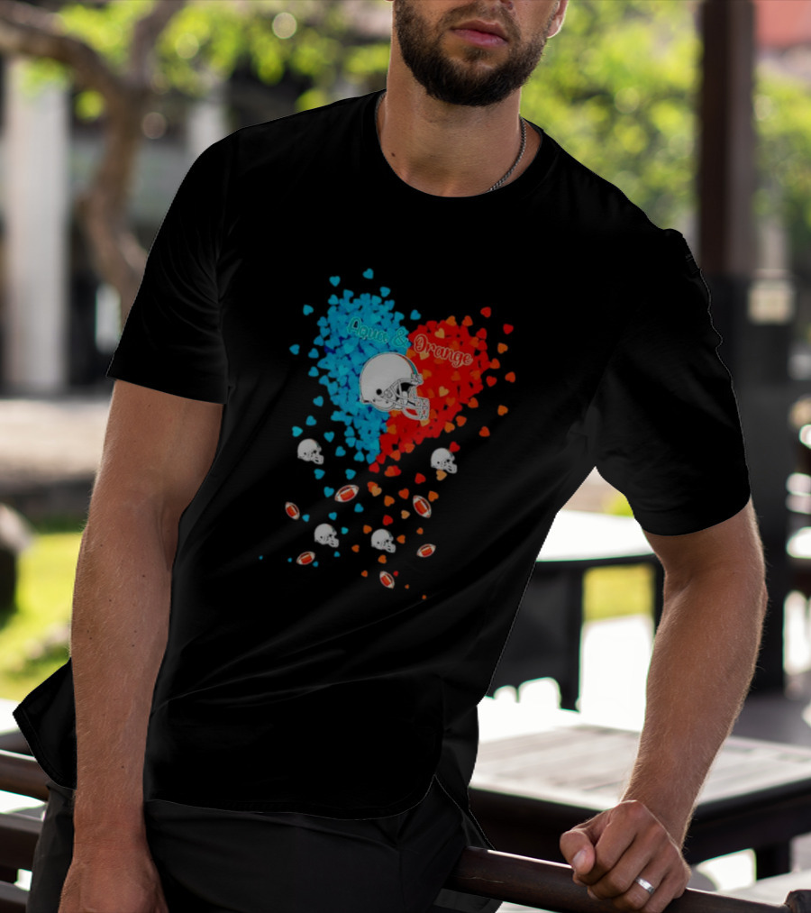 Aqua And Orange Miami Dolphins Hearts And Helmets Football T-Shirt