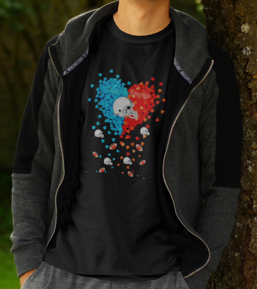 Aqua And Orange Miami Dolphins Hearts And Helmets Football T-Shirt